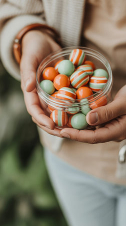 cropped view of woman holding bowl with candies on blurred backgroundの写真素材