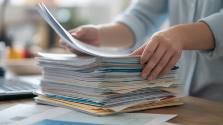 Close-up of female hands holding stack of documents at table in officeの写真素材