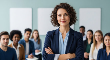 Portrait of confident businesswoman standing with arms crossed in meeting room