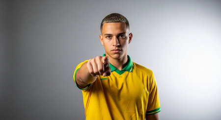 soccer player in a yellow shirt pointing at the camera on a gray background