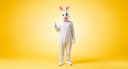 Easter bunny on a yellow background. Happy Easter concept. Copy space.