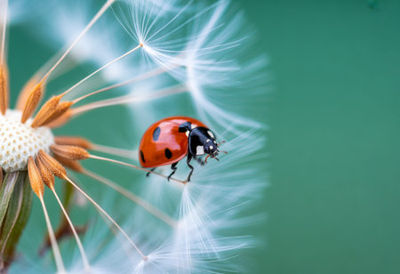 ladybug on dandelion seeds on green background. macro