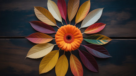 Autumn leaves and gerbera on wooden background, top view