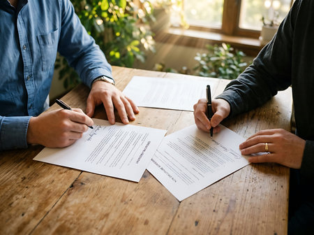 Unrecognizable couple signing contract at table in cafe, close-up