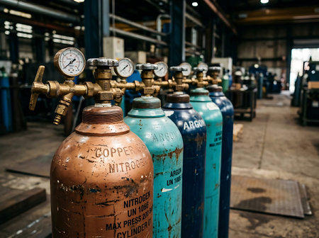 Old gas cylinder in a factory. Industrial background. Selective focus.