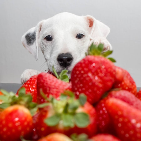 a Parson Russell Terrier Pepper loves strawberriesの写真素材