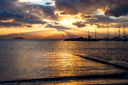 Sunset over Mediterranean. Captured in Aegina town on Aegina Island, Greeceの写真素材
