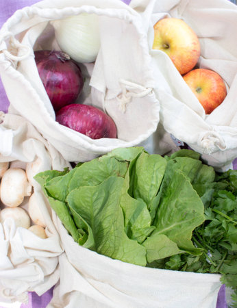 Bulk vegetables, fruit and mushrooms in reusable cotton bagsの写真素材