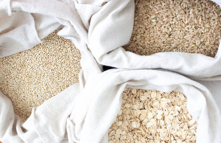 Bulk grains and cereal in reusable cotton bagsの写真素材