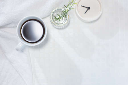 Time to get ready in the morning, take a break, relax,coffee and a watch.の写真素材