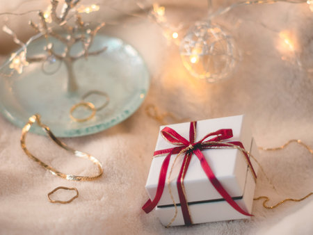 Fall and winter accessories gift box. Gift images.の写真素材