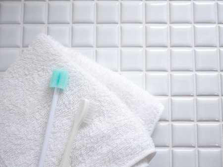 Brushing with a toothbrush. Tooth care and oral care. Toothbrushes and oral care sponge brushes.の写真素材