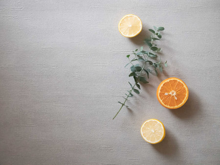 Lemon and citrus fruits and eucalyptus leaves. Relaxing aromas.の写真素材