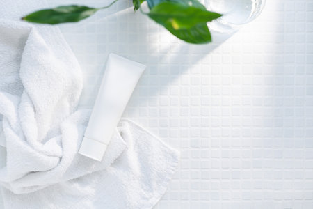 Tube bottles of body cream, face wash, etc. Skin care beauty image on white background.の写真素材