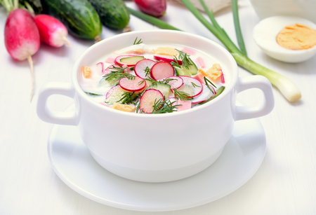 Okroshka. Yoghurt soup with radish, cucumber, and dillの写真素材