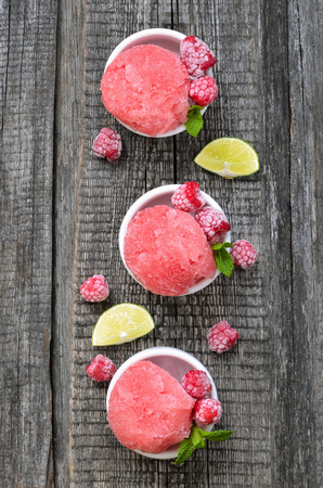 Fruit sorbet with raspberries, top viewの写真素材