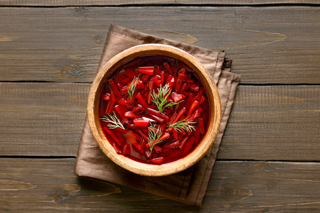 Traditional ukrainian russian soup (borscht). Beetroot soup in bowl. Top view, flat layの写真素材