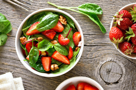 Salad with strawberry and spinach in white bowl. top view, flat layの写真素材