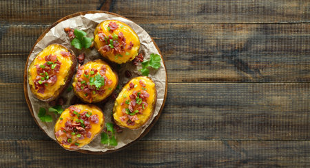 Baked stuffed potatoes with bacon, green onion and cheddar cheese over wooden background with copy space. Top view, flat layの写真素材