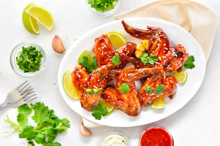 Buffalo chicken wings on plate. Top view, flat layの写真素材