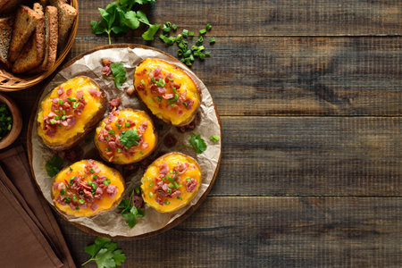 Baked stuffed potatoes with bacon, green onion and cheddar cheese over wooden background with copy space. Top view, flat layの写真素材