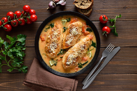 Chicken breast in creamy sauce with tomatoes and spinach on plate over wooden background. Top view, flat layの写真素材