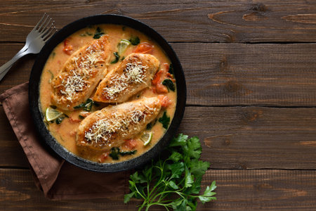 Chicken breast in creamy sauce with tomatoes and spinach on plate over wooden background with copy space. Top view, flat layの写真素材