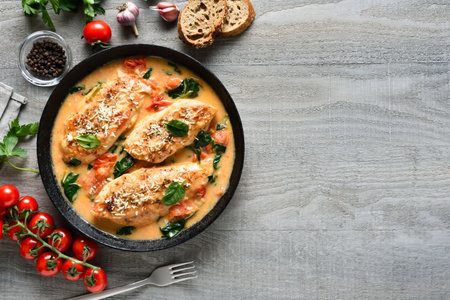 Chicken breast in creamy sauce with tomatoes and spinach on plate over wooden background with copy space.. Top view, flat layの写真素材