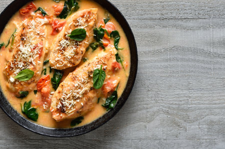 Chicken breast in creamy sauce with tomatoes and spinach on plate over wooden background with copy space. Top view, flat layの写真素材