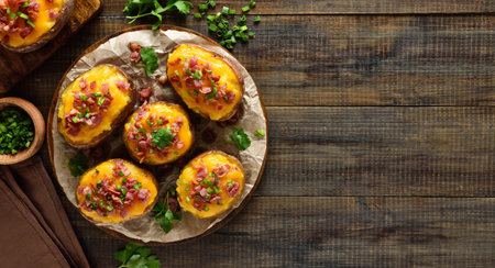 Baked stuffed potatoes with bacon, green onion and cheddar cheese over wooden background with copy space. Top view, flat layの写真素材