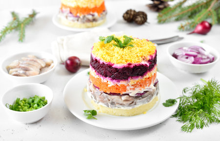 Layered salad with beet, herring, carrots and potatoes. Traditional Russian Shuba saladの写真素材