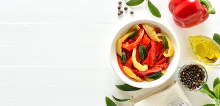 Pickled bell peppers over white background with copy space. Top view, flat layの写真素材
