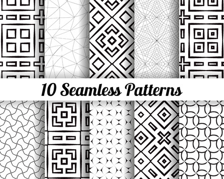 Set of 10 Abstract patterns. Black and white seamless vector backgrounds.のイラスト素材