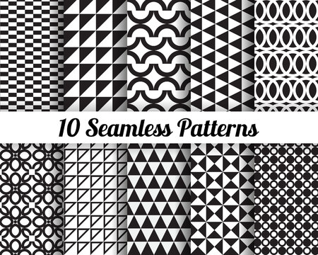 Set of 10 Abstract patterns. Black and white geometric seamless vector backgrounds.のイラスト素材