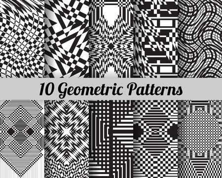 Set of 10 geometric patterns. Black and white seamless  backgrounds.のイラスト素材