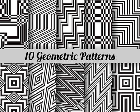 Set of 10 geometric patterns. Black and white seamless  backgrounds.のイラスト素材
