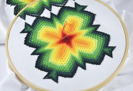 Coloured embroidery needle in the fabric in the hoop