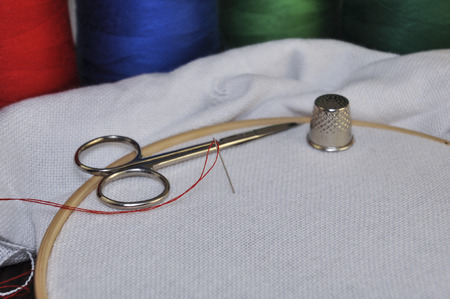 The embroidery hoop with canvas and colored threads