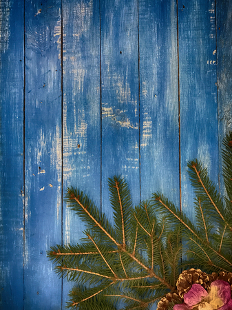 Christmas blue wooden vertical background, vintage toningの写真素材