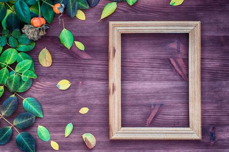 Empty wooden frame on brown wood surface among green and yellow leaves, vintageの写真素材