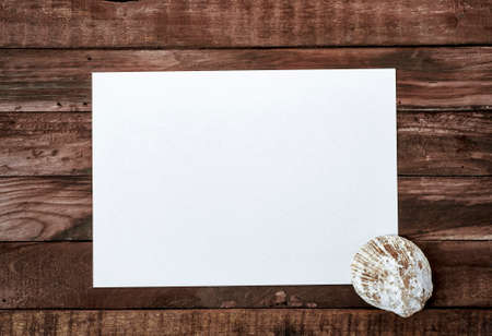 Blank white sheet of paper on a wooden board, on the corner is a shell, top viewの写真素材