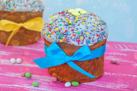 Christian pastry for Easter, two pies with sugar powder, close upの写真素材