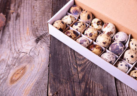 Quail eggs in a paper box with cells, top view, empty space on the leftの写真素材