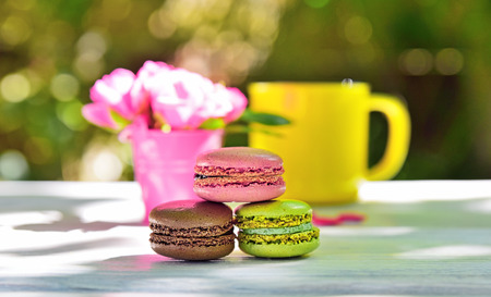 multicolored almond macaroons on a white table