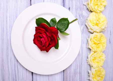 Empty white round plate on a wooden background, decorated with a bud of a rosy roseの写真素材