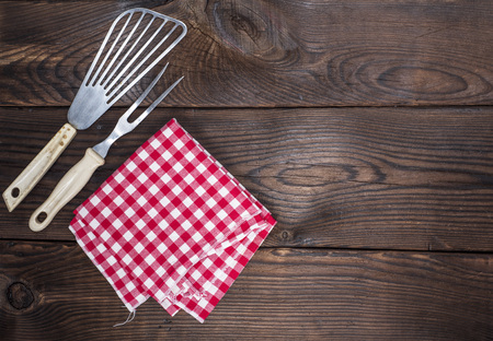Vintage kitchen appliances and a red napkin, empty space on the rightの写真素材