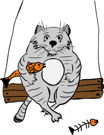 a thick gray cat sitting on a wooden swing with a fish, isolated on a white backgroundのイラスト素材