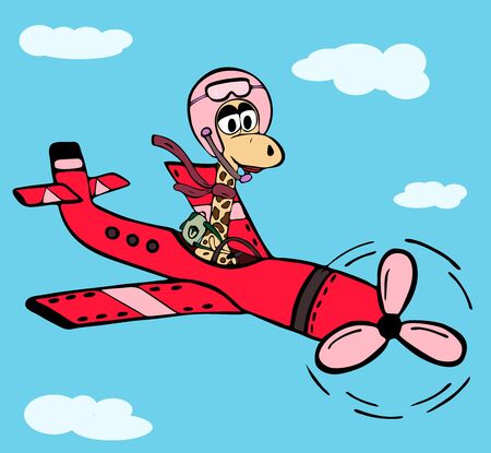 Girl giraffe in a pink helmet flies in the sky amidst white clouds on a red airplane with a propeller, funny cartoon character.のイラスト素材
