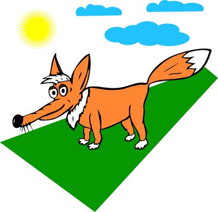 painted funny orange fox on a green background, cartoon characterの写真素材