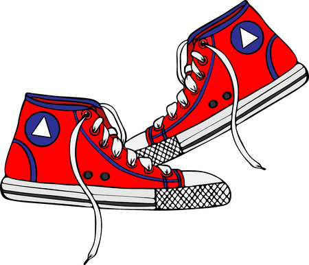 A pair of red textile sneakers painted by hand isolated on white backgroundのイラスト素材